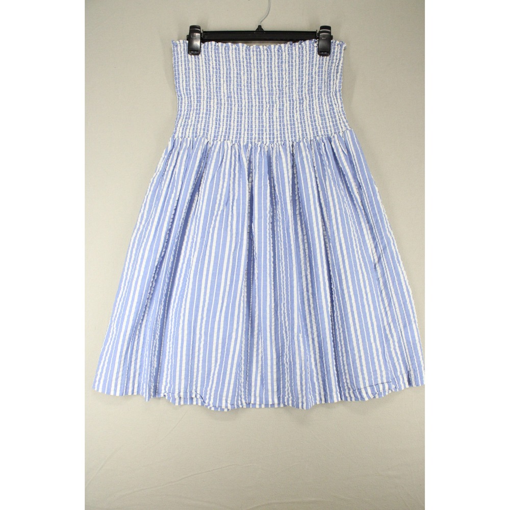 J.Crew Dress Smocked Seersucker Womens XL Blue White Cotton Strapless Coastal
